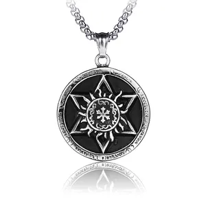 Collier Pendentif Hexagramme en Acier Inoxydable Vintage Pendentif Étoile Rune Soleil Bouclier Bijoux Hip Hop Street pour Hommes Femmes