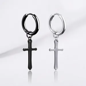 Boucles d'Oreilles Créoles avec Pendentif Croix en Acier Inoxydable pour Hommes Femmes Style Punk Gothique Clip d'Oreille sans Perçage