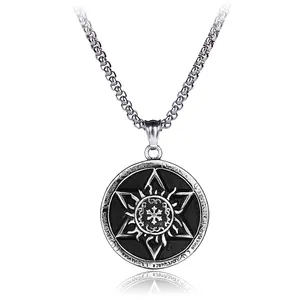 Collier vintage en acier inoxydable avec hexagramme solaire et runes sur pendentif rond