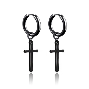 Boucles d'oreilles créoles noires en acier inoxydable avec pendentifs croix pour homme et femme