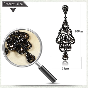 Detailed size view of black vintage crystal drop earrings with 100mm length and 35mm width