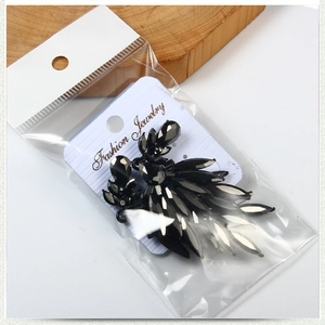 Detail view of vintage black crystal cluster drop earrings in retail packaging
