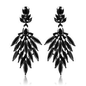 Luxurious black teardrop crystal drop earrings with vintage Gothic leaf design
