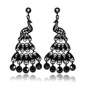 Orecchini Pendenti a Forma di Pavone in Lega con Strass Neri Vintage Orecchini Lunghi Esagerati per Feste in Discoteca per Donna Gioielli