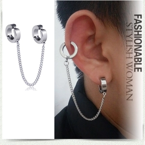 Silver punk ear clip earrings with chain connection and double hoop design for men