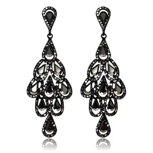 Exaggerated Black Waterdrop Dangle Earrings For Women Luxurious Multi Layer Pave Rhinestone Alloy Long Chandelier Earrings Nightclub Party Jewelry