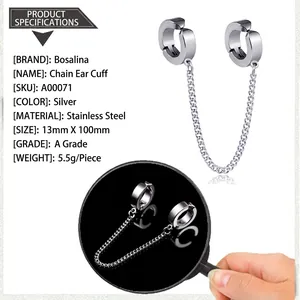 Close-up of stainless steel chain earrings with dimensions and 5.5g weight detail