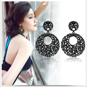 Luxury oversized black hoop earrings with full crystal accents in a vintage style