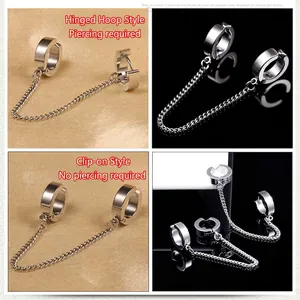 Silver stainless steel punk hoop earrings and ear clips with chain connection for men