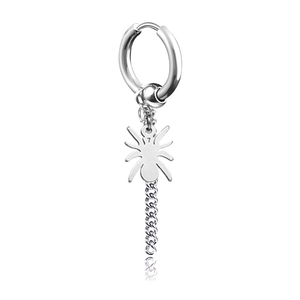 Silver stainless steel huggie earring with spider charm and tassel chain detail