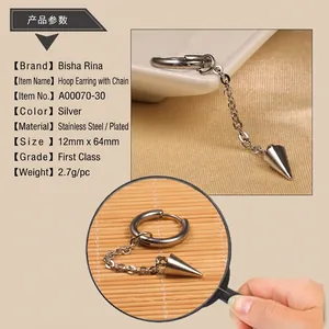Detailed view of silver stainless steel hoop earring with chain and conical spike pendant