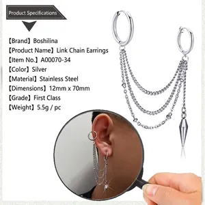 Detail showing stainless steel tassel chain earrings with a conical spike pendant