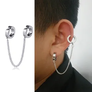 Silver stainless steel chain ear cuff earring with dual rings shown in a split-screen view