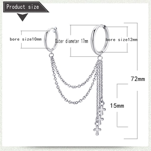 Detailed size chart of stainless steel punk earrings with chain and cross pendants