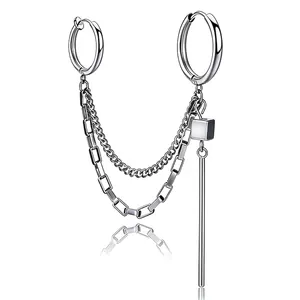 Punk Stainless Steel Chain Hoop Earrings With Cube Bar Pendant Double Layer Dangle Earrings For Men Women Industrial Jewelry