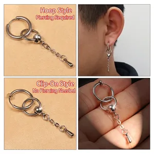 Unisex stainless steel tassel chain earrings with clip-on and pierced hoop options