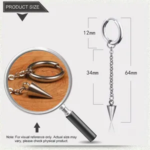Detail view of silver stainless steel earring with chain tassel and cone pendant measurements