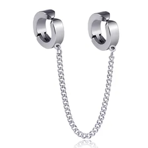 Titanium Steel Chain Double Loop Ear Cuff Earrings Punk Minimalist Silver Color Pierced Clip On Fashion Jewelry For Men Women