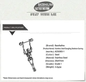Detailed specs of the 20x47mm stainless steel skeleton drop earring weighing 3.2g
