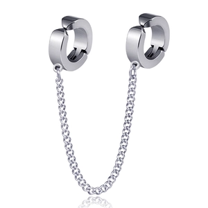 Polished silver punk titanium steel chain cuff earrings with minimalist double hoop links