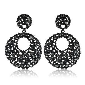 Luxury black rhinestone double circle drop earrings with vintage hollow mesh design