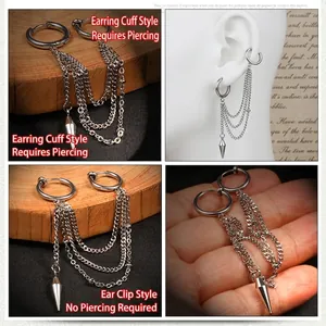 Silver stainless steel tassel chain earrings with spikes in clip-on and hoop styles
