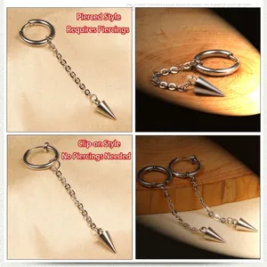 Punk silver stainless steel tassel earring with long chain and cone pendant for men