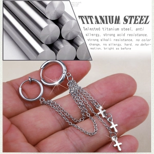 Punk style titanium steel hoop earrings with hanging chain and triple cross pendants