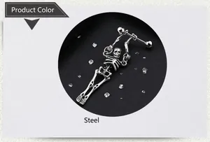 Macro shot of punk style steel color skeleton ear bridge piercing on a black display base
