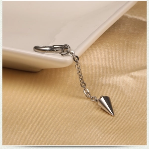 Punk style silver stainless steel hoop earring with long chain and conical spike pendant