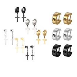 Stainless Steel Cross Hoop Stud Earrings Set Gothic Punk Street Style Earrings For Men Women Assorted Colors Jewelry Gift