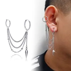 Punk style stainless steel chain earrings with spikes and hoop connector for men