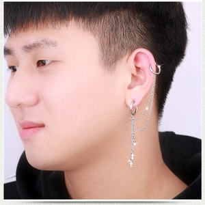 Silver stainless steel chain earrings with cross pendant and ear cuff for men