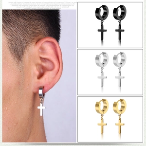 Unisex stainless steel huggie hoop earrings with cross dangles in black silver and gold