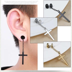 Polished stainless steel cross dangle hoop earrings in black, silver, and gold colors