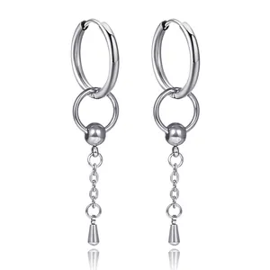 Punk Stainless Steel Tassel Chain Long Drop Hoop Earrings For Men Women Geometric Silver Hip Hop Fashion Jewelry Gift