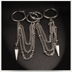Punk style stainless steel hoop earrings with hanging tassel chains and cone spike charms