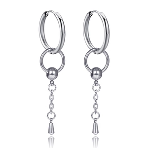 Polished silver drop earrings with circular hoop and conical pendant on white background