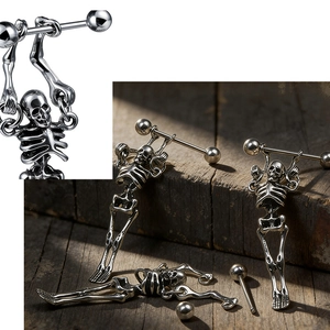 Gothic punk skeleton dangle earrings in vintage stainless steel with industrial barbell design