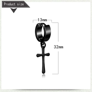 Detailed dimensions of black stainless steel cross earring showing 13mm width and 32mm height
