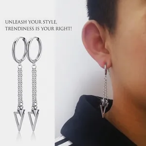 Détails des boucles d'oreilles pour hommes en acier avec chaîne et triangle ajouré