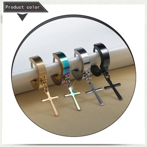 Cross dangle hoop earrings set in gold, rainbow, silver, and black stainless steel