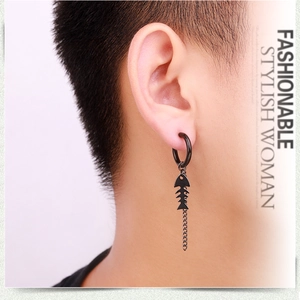 Close-up of black fishbone tassel earring on model ear showing punk style details