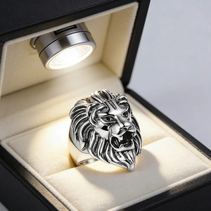 Macro shot of silver stainless steel lion head ring inside a luxury LED jewelry box