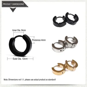 Detailed specs of 13mm stainless steel cross hoop earrings in black, silver, and gold