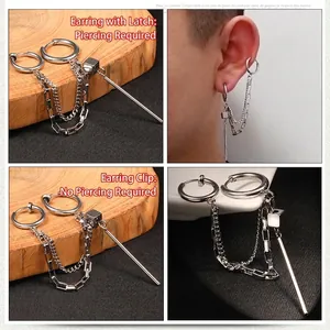 Punk style stainless steel chain earrings with bar pendant and clip-on option