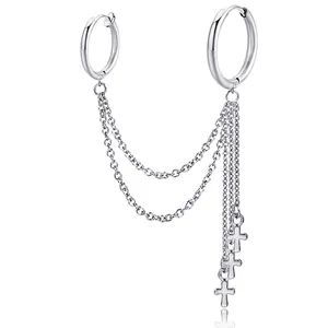 Punk Stainless Steel Cross Chain Tassel Hoop Earrings For Men Women Gothic Silver Color Jewelry Tassel Drop Earring