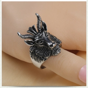 Vintage stainless steel ram head totem ring with pentagram detail on hand