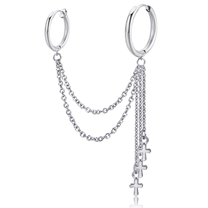 Polished titanium steel hoop earrings with double layer chains and cross pendants