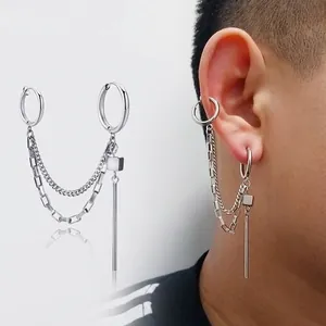 Silver stainless steel double cuff earring with tassel chains and geometric pendants